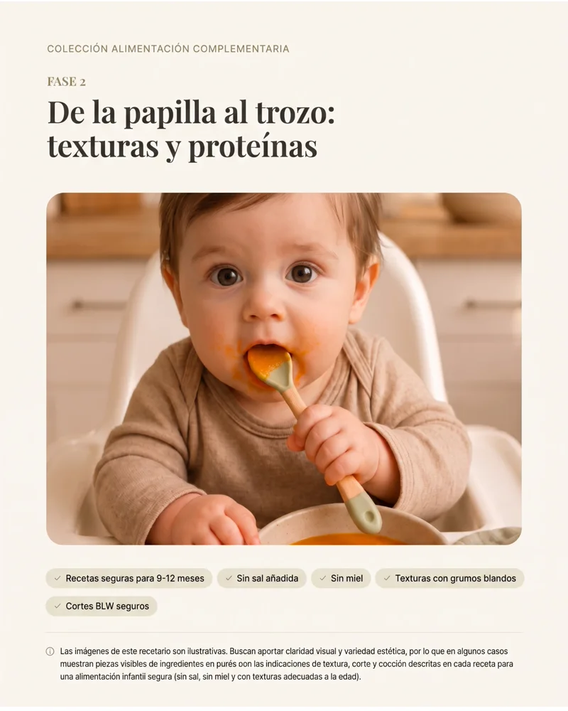 Bebé de 9 a 12 meses explorando texturas y trozos con seguridad